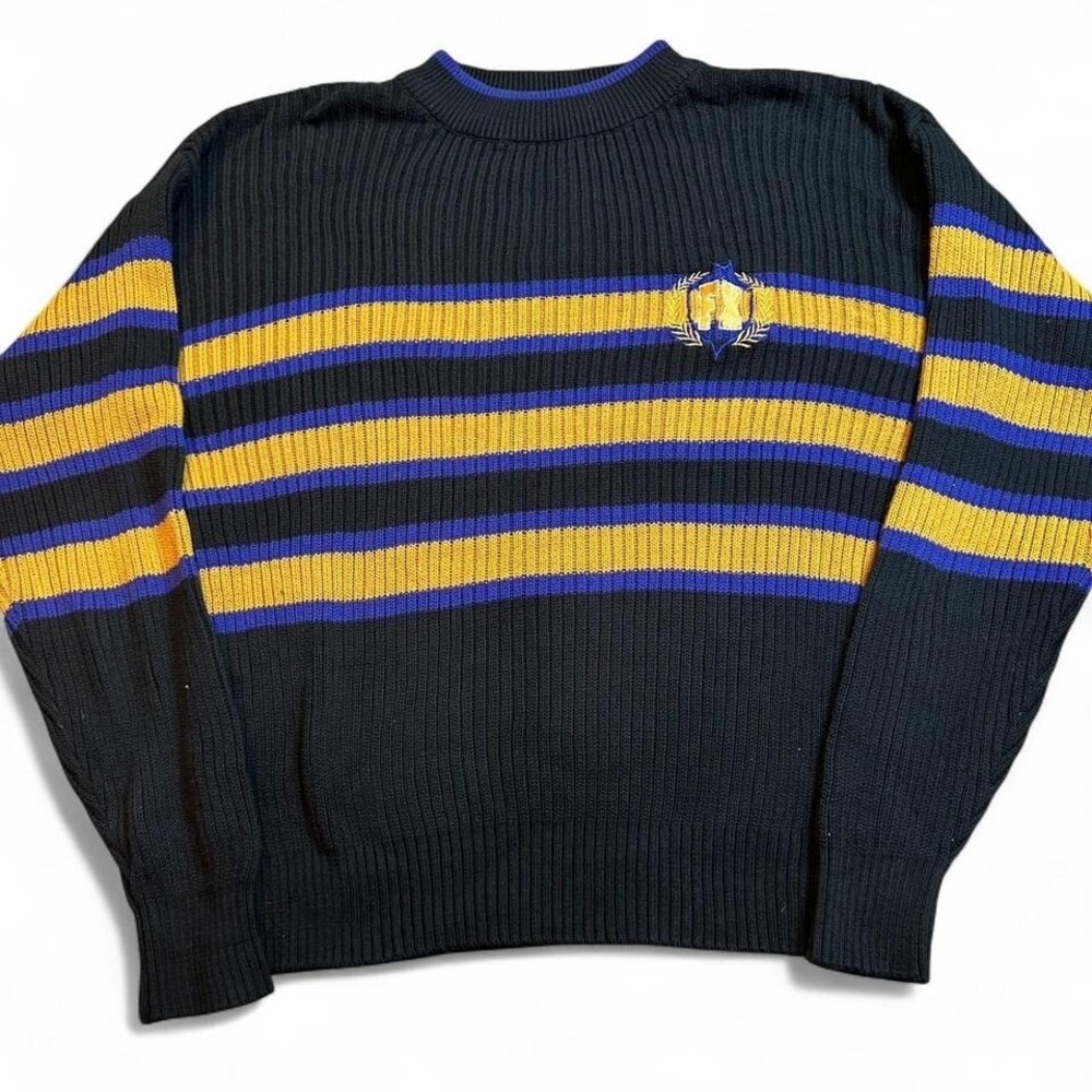 Vintage knitted preppy‎ fx sports striped navy and yellow sweater medium